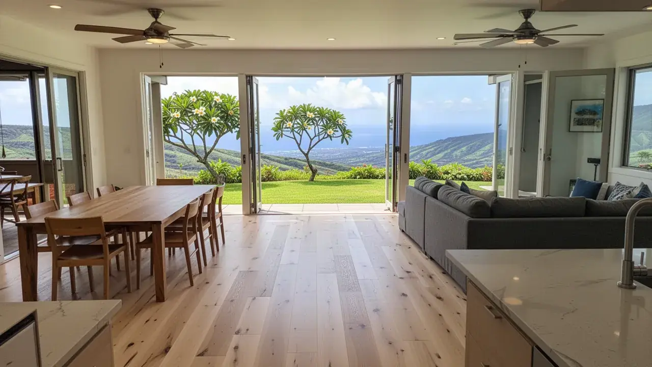A new engineered oak floor through the living and dining room Engineered oak floor in Pukalani home living room