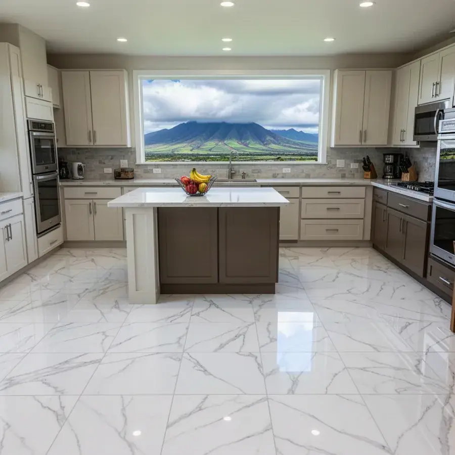 Porcelain tile in a bright kitchen Large format porcelain tile floor in Kahului home kitchen